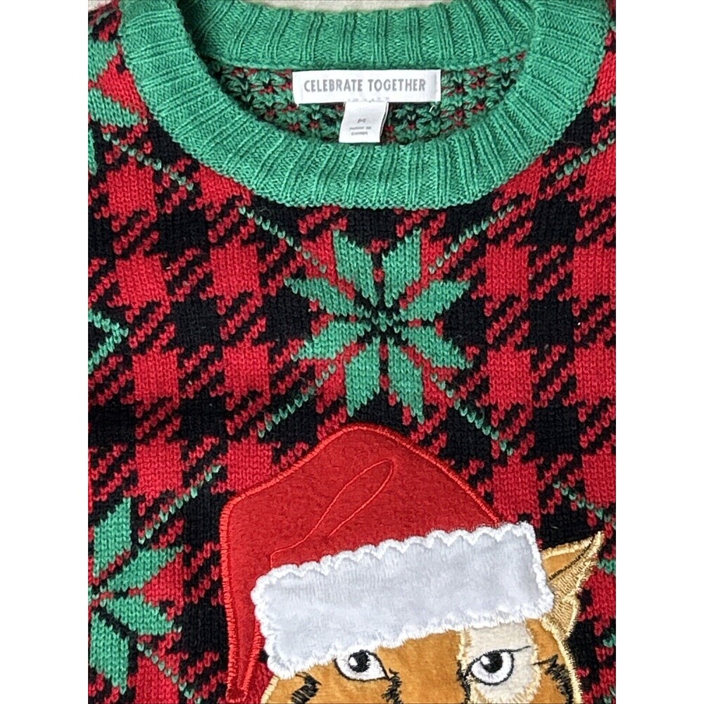 Celebrate Together Cat Ugly Christmas Sweater Sz Medium Drink Pocket Kitty Straw - Picture 3 of 9